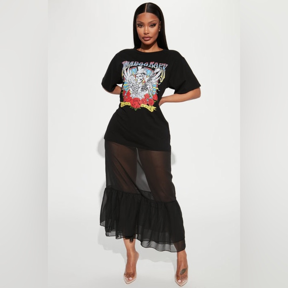 Black Graphic T-Shirt Dress With Sheer Skirt